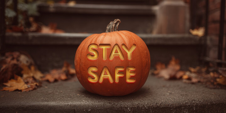 Cute halloween pumpkin with the words "STAY SAFE" carved out of it