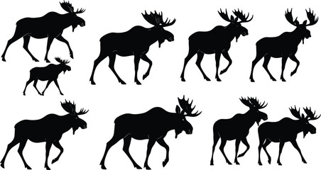 Vector Moose Silhouettes, Wild Moose Clipart, Forest Animal Graphics, Large Antlered Mammal Illustrations, Wildlife Nature Art, Moose Walking Vector Design, Animal Silhouettes