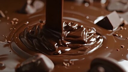Thick, glossy dark chocolate being poured, creating ripples in a pool surrounded by solid chunks. - Powered by Adobe