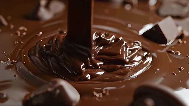 Thick, glossy dark chocolate being poured, creating ripples in a pool surrounded by solid chunks.