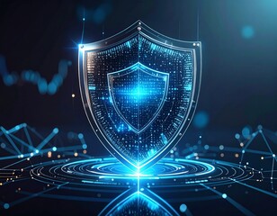 A glowing digital shield representing cybersecurity and data protection in a futuristic technological landscape.