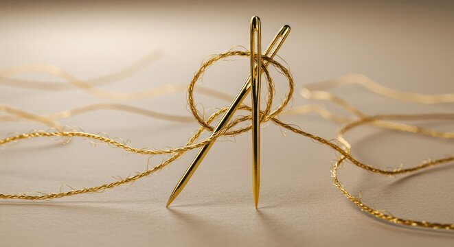 Golden needles intertwined with shimmering golden thread on a light surface