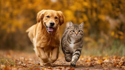 A golden retriever and a tabby cat walk together on a leaf-covered path in a vibrant autumn forest