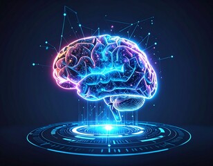 A luminous digital brain with neural network connections hovers over a futuristic circular interface, representing artificial intelligence.