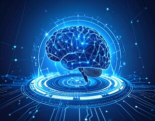 A futuristic digital representation of a human brain, glowing with blue light and intricate network connections, symbolizing artificial intelligence and advanced technology.