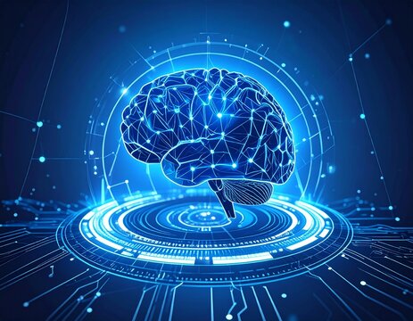 A futuristic digital representation of a human brain, glowing with blue light and intricate network connections, symbolizing artificial intelligence and advanced technology.
