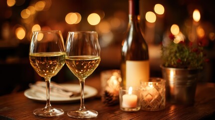 Romantic dinner setting with two glasses of white wine, a wine bottle, candles, and warm ambient lighting on a wooden table