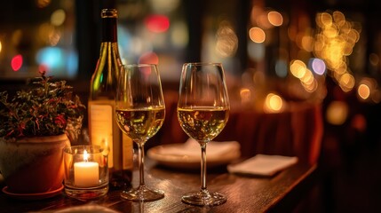 A cozy restaurant table with two glasses of white wine, a wine bottle, candlelight, and warm bokeh lights in the background