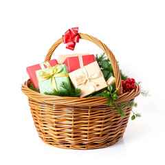 Gift-filled wicker basket on white background
