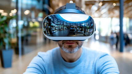 Virtual reality headset worn by person modern environment, showcasing immersive technology