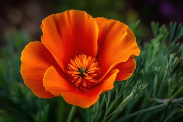 Fototapeta premium A vibrant orange California poppy in full bloom stands out against a lush green background in a garden setting