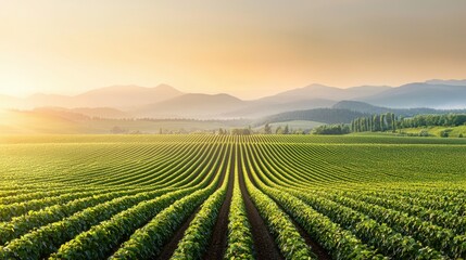 Fototapeta premium A picturesque landscape of lush vineyards stretching towards distant mountains under a warm sunset glow, showcasing rows of green plants.