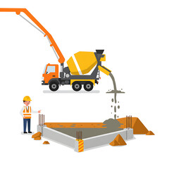 A concrete mixer truck with a pump arm pours fresh concrete into a building foundation, supervised by a construction worker on site.