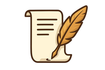 Vintage quill feather and parchment scroll illustration with classic writing design, retro ink pen document icon, old manuscript paper graphic vector for logo and branding