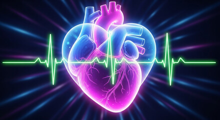 Vibrant glowing heart illustration with rhythm line for medical presentations or healthcare campaigns
