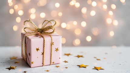 Fototapeta premium A pink gift box with a gold ribbon and star decorations sits on a white surface, with golden bokeh lights in the background