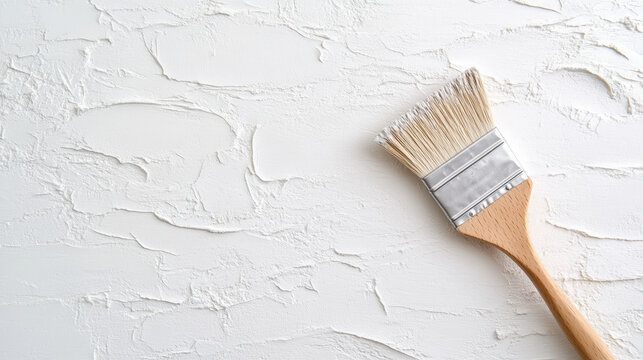 Close up of paintbrush on textured white wall surface, showcasing craftsmanship and detail