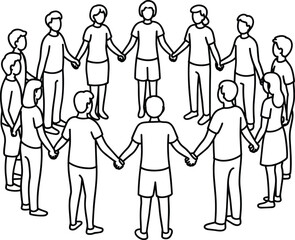 Diverse group of people holding hands in circle, community unity illustration, teamwork support line art, social connection concept