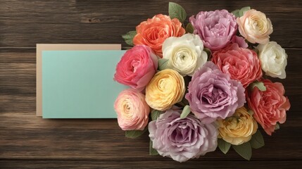Colorful ranunculus flowers are beautifully arranged on a rustic wooden surface, beside a blank card providing space for customized messages and greetings.