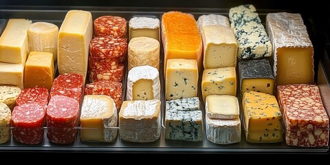 A colorful and enticing display of assorted artisan cheeses and cured meats.