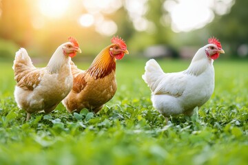 Fototapeta premium Three chickens roam in a lush green field under soft sunlight, showcasing their vibrant feathers and lively demeanor.