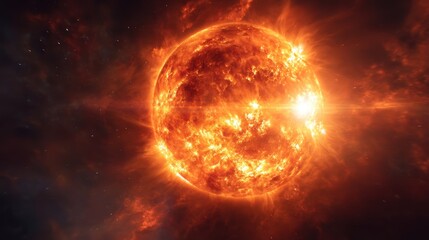 A fiery, glowing sun radiates intense heat and energy in the vast darkness of outer space