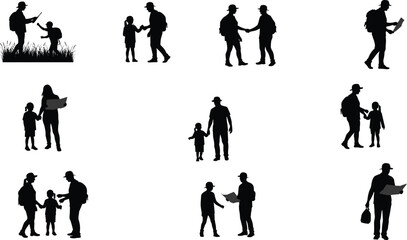 Family hiking silhouette, parents and children exploring outdoors, reading map, holding hands, camping lifestyle, travel adventure, outdoor journey, vector illustration design