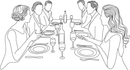 Elegant dinner party line art, formal dining illustration, people socializing, vintage style banquet, black and white artwork, table conversation