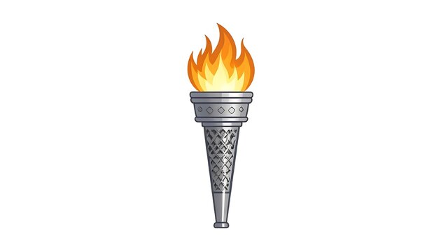 A stylized illustration of a torch with a detailed metallic handle and bright orange flames against a clean white backdrop. The design shows a classic, elegant look