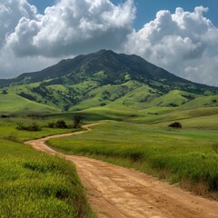 Fototapeta premium A winding dirt road leads through lush green hills toward a mountain under a partly cloudy sky