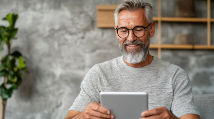Elderly man smiling while using tablet for video call, enjoying connection with loved ones