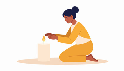 A serene illustration of a woman kneeling and carefully lighting a candle, symbolizing hope, mindfulness, and a moment of quiet reflection and introspection