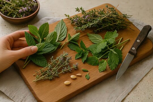 A wooden cutting board with fresh herbs, pine nuts, and a knife, prepared for culinary use. Generated AI.