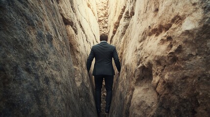 Man navigating through a narrow rocky passage.