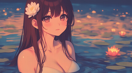A Serene Evening Scene Featuring a Young Woman Surrounded by Water Lilies, Capturing Beauty and Tranquility in Nature's Embrace