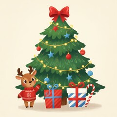 Naklejka premium Handdrawn Cute Reindeer and Christmas Tree with Gifts Illustration