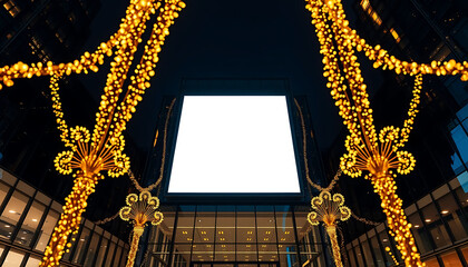 Modern Plaza with Festive Lights and Blank Billboard