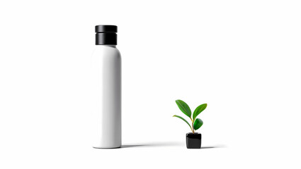 Minimalist composition of a white cosmetic bottle and a small green plant in a black pot isolated on white background