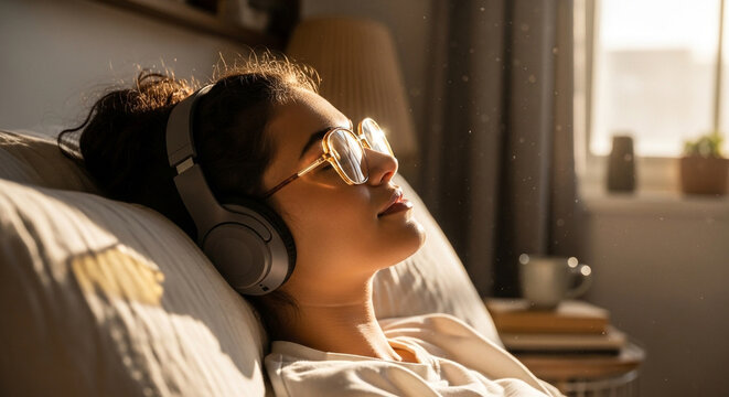 Serene woman enjoying soothing music with headphones, basking in sunlight at home, finding peace and relaxation