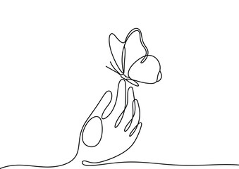 Continuous line art, hand touching butterfly, minimalist nature design, delicate interaction, freedom symbol, graceful moment, abstract drawing, connection with nature,