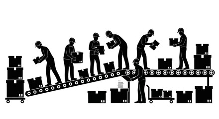 Workers on a conveyor belt assembling boxes in a factory.