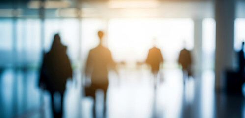 Blurred figures walk in a bright modern building interior with large windows, giving the impression of movement, energy, and architectural elegance in a contemporary workspace environment.