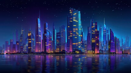 Fototapeta premium A vibrant, futuristic city skyline illuminated with neon lights, reflected on calm water under a starry night sky