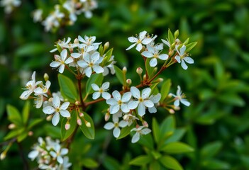Fototapeta premium Delicate white blossoms and vibrant green foliage stand out against a lush green backdrop, macro, foliage