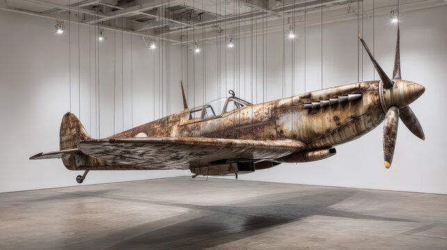 A life-size, weathered vintage airplane model is suspended by wires in a modern, well-lit gallery space - Powered by Adobe