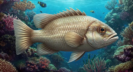 Fototapeta premium A large tan fish swims among colorful coral reefs and small fish