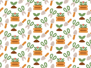Seamless flat style gardening pattern with tools, seedlings and plants. Spring floral background for textile, packaging, wallpaper, wrapping paper and eco decor.