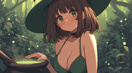 Enchanting Witch in a Lush Forest: A Magical Scene of Potion Brewing and Whimsy in Nature's Embrace