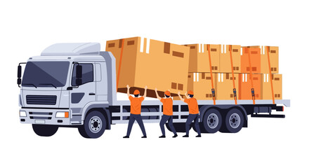 Workers loading cardboard boxes onto a large delivery truck for transport.