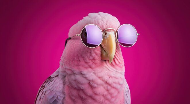 Cool pink Galah cockatoo parrot wearing stylish sunglasses on a vibrant pink background